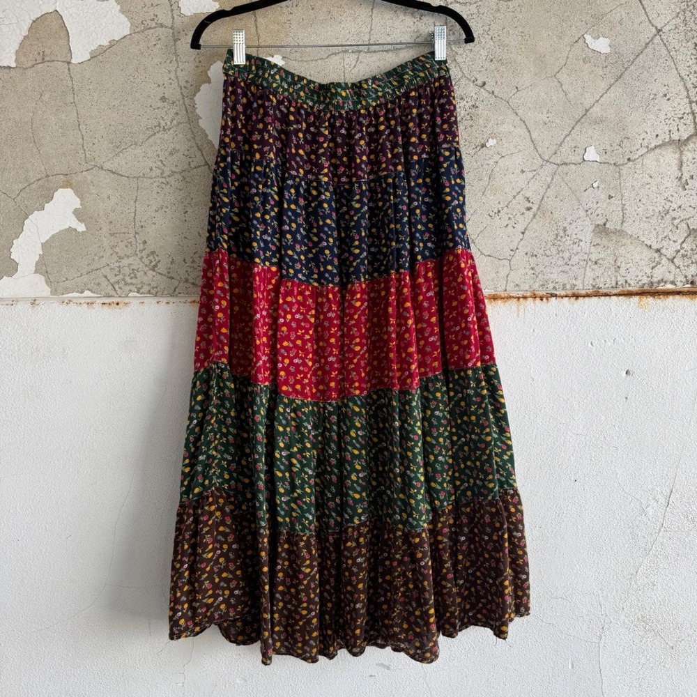 Vtg Boho Maxi Skirt Tiered Patchwork Floral Cottagecore Prairie Young Threads XL - Picture 5 of 9